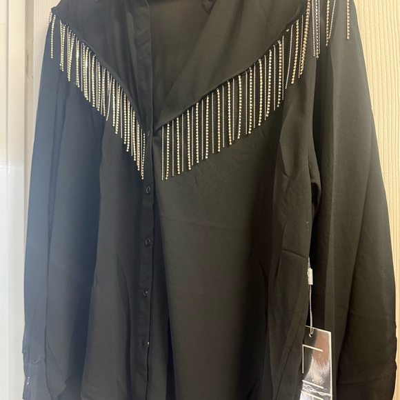 Black Button-Up Shirt with Silver Fringe - Picture 2 of 2